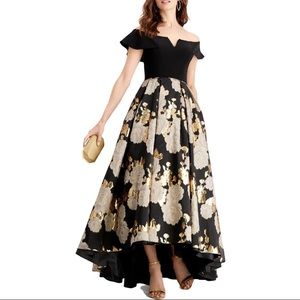 Betsy & Adam Black Gold Gray Floral Ball Gown Size 14